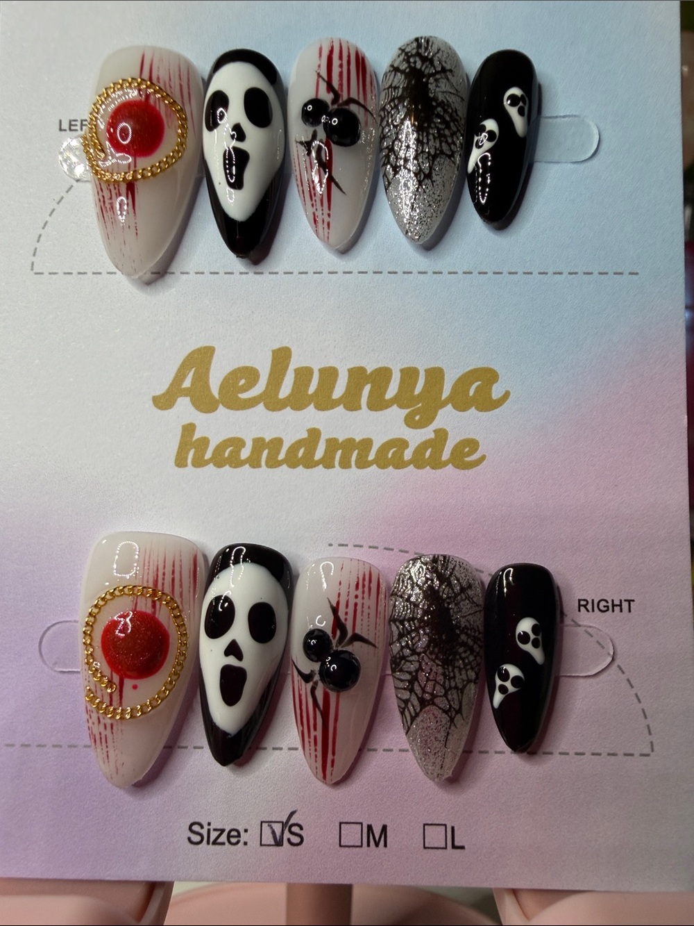Aelunya Handmade Halloween Ghost Press-On Nails in Red, Black & Silver